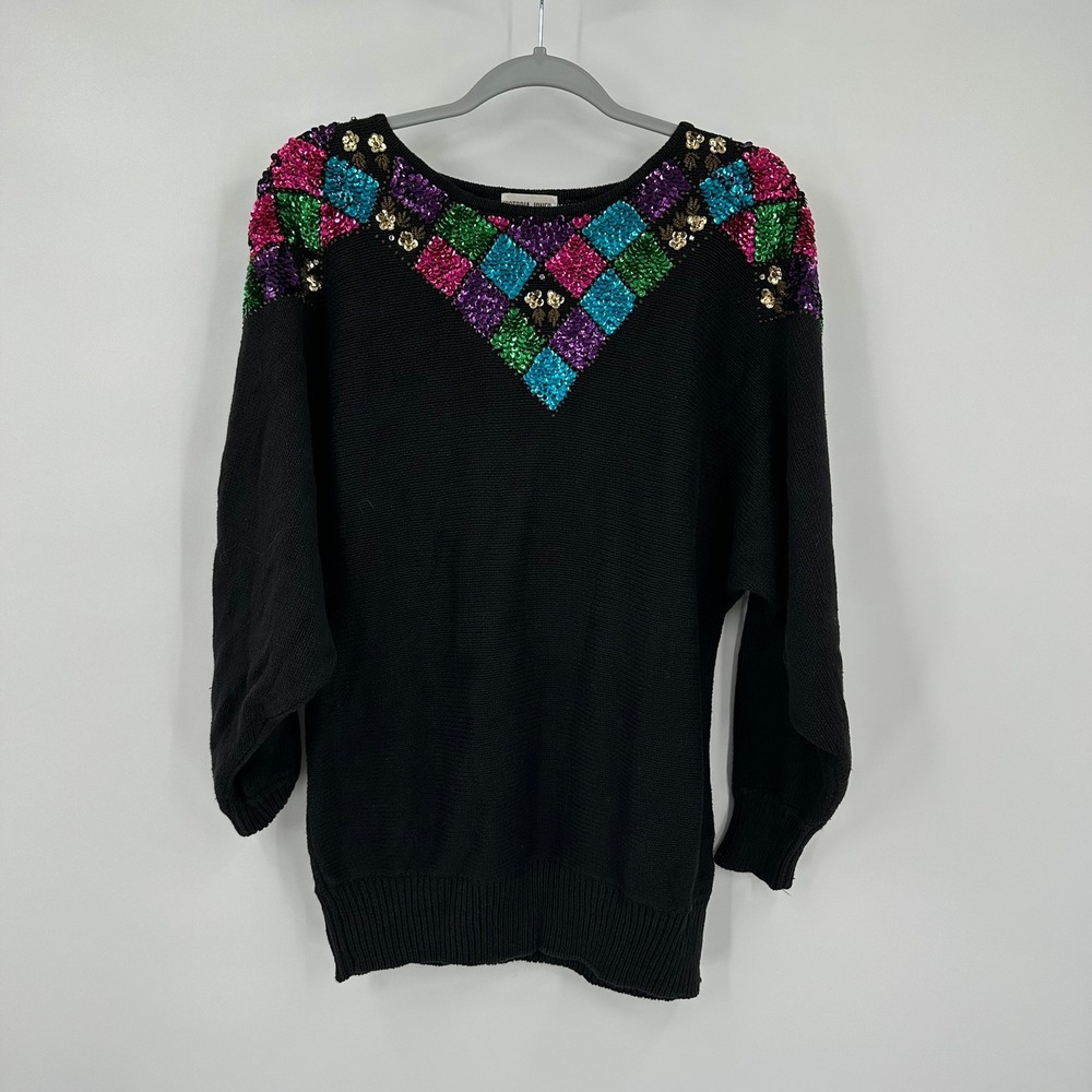 Womens Vintage Maximalist Sequined Sweater Size L Bold Colorful Sparkle 80s